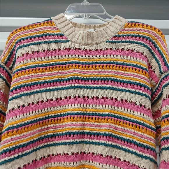 Zara Crew Neck Knit Sweater Women Small Pink Beige Striped Pullover Top Gorpcore - Picture 3 of 8
